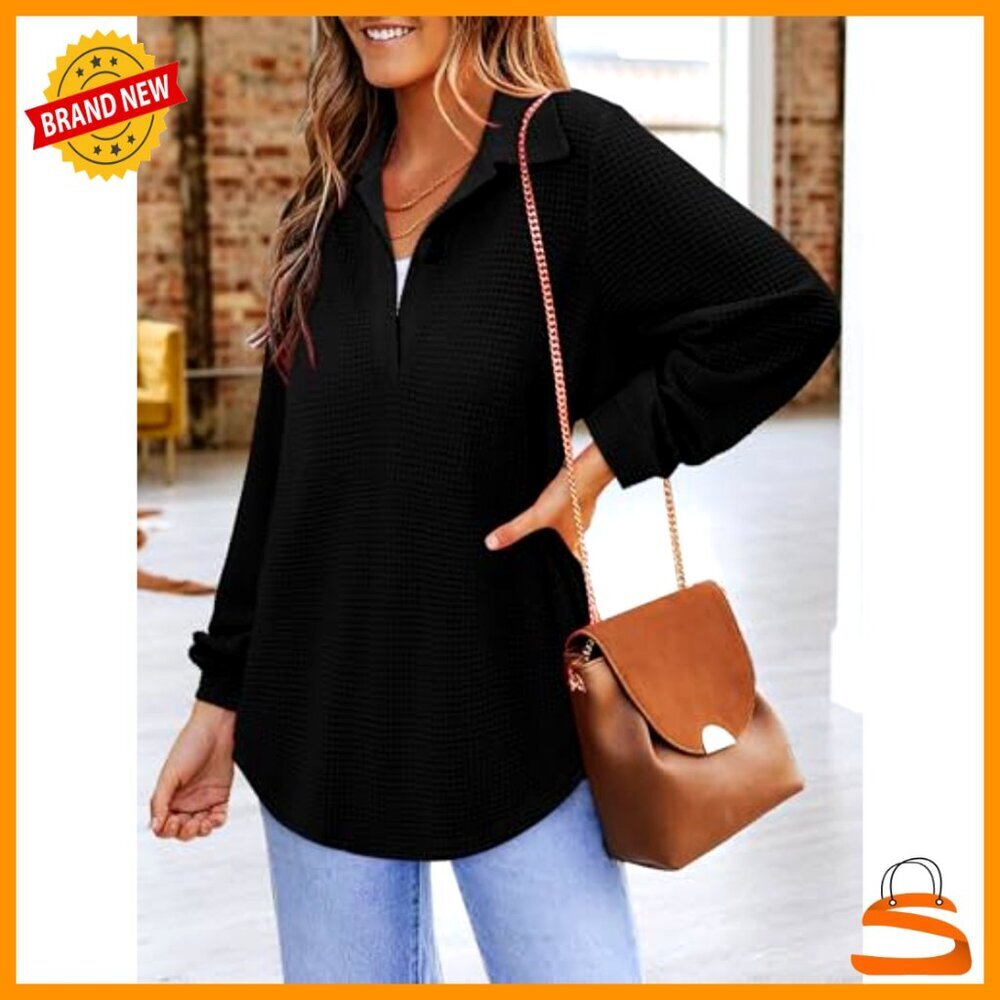Long Sleeve V-Neck Waffle Knit Pullover Top Women's Casual Sweatshirt - Picture 4 of 5